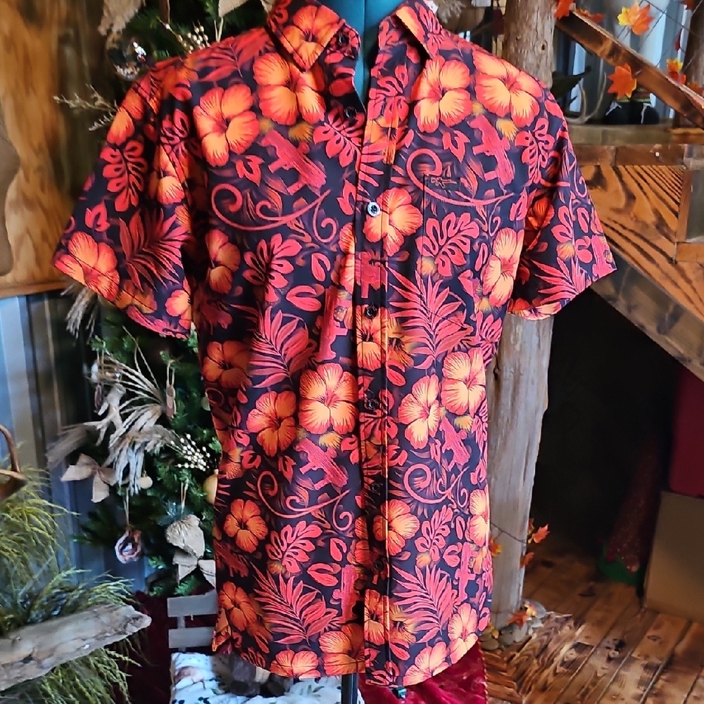 RETRO RIFLE SHOTGUN SAFARI Black and Orange Floral Short Sleeve Button-Down